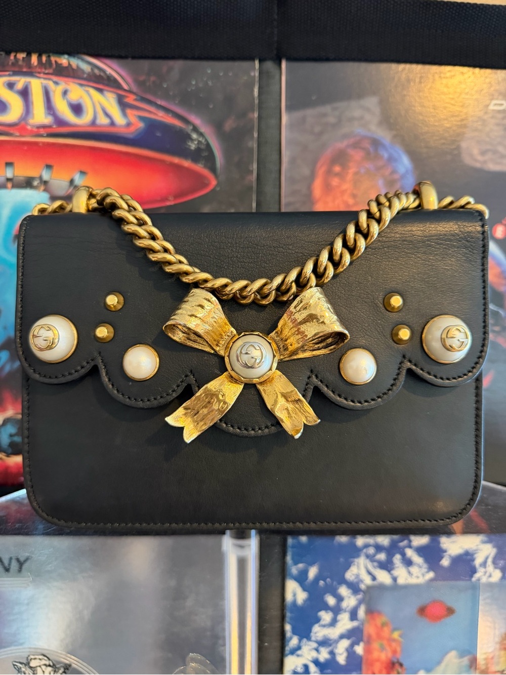 Gucci Black Leather Crossbody with Gold Bow & Pearl Accents